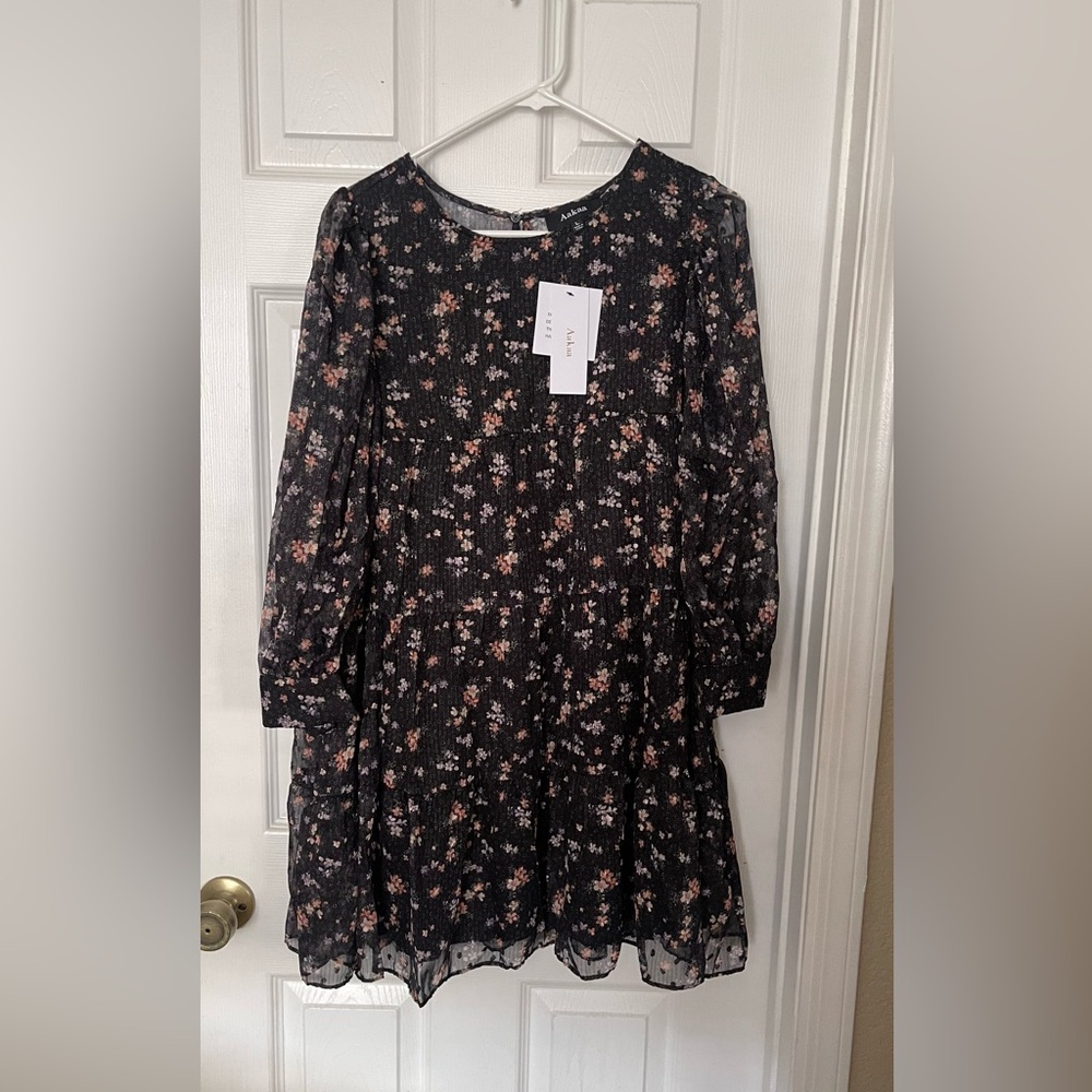 Aakaa Dark Floral Long Sleeve Mini Dress